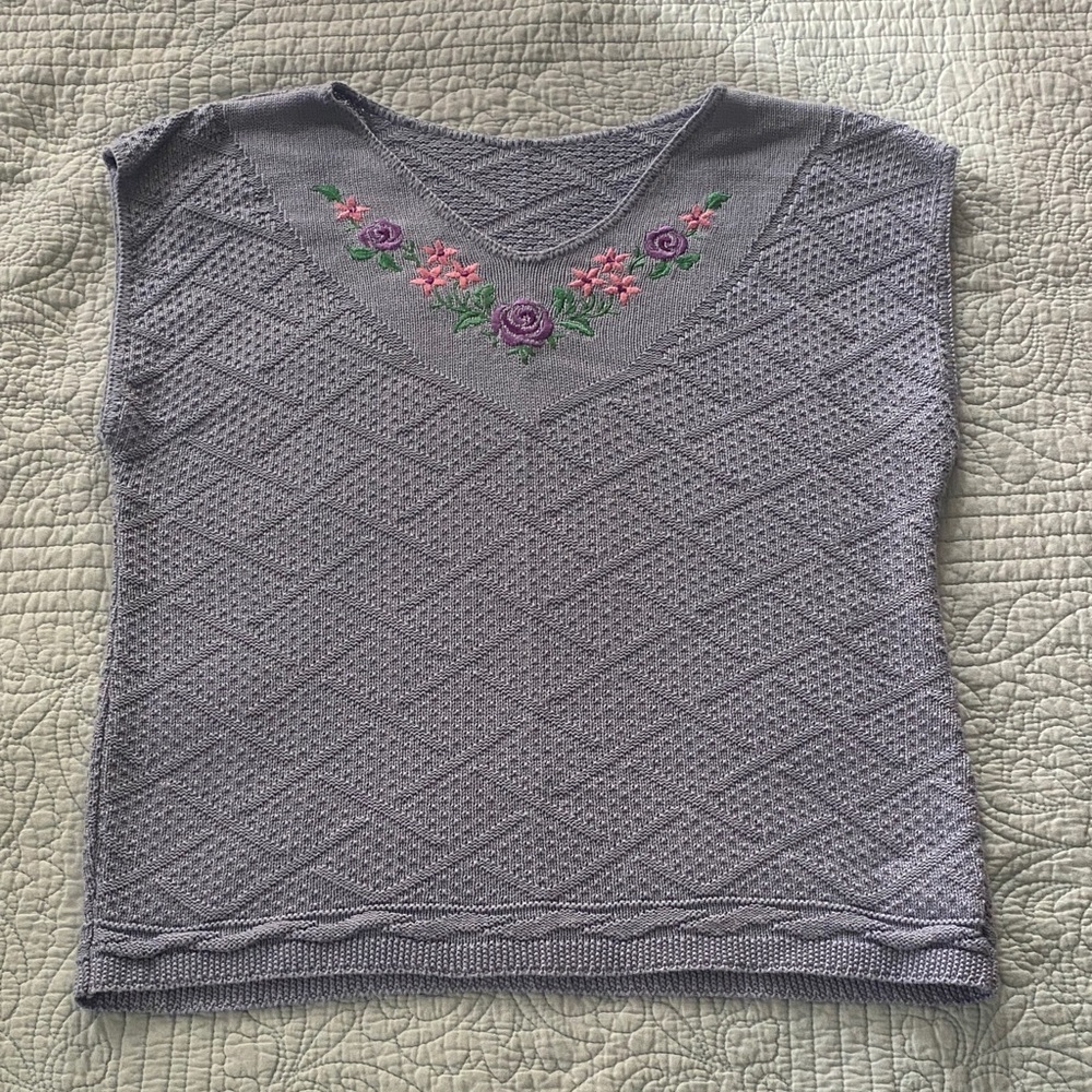 Knit Sleeveless Top with Floral Embroidery
